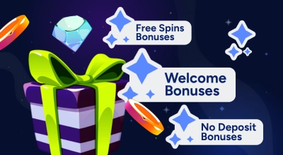 Graphic featuring a gift box, gem, and icons for Free Spins, Welcome, and No Deposit Bonuses.