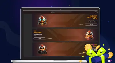 Laptop screen displaying a crypto casino's bonus offers and promotions with mascot characters.