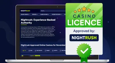 Nightrush page on a laptop and a casino licence on a blue background.