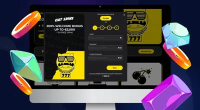 cat spins website with sign up pop up