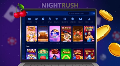 An online casino game lobby on a laptop screen with slot thumbnails and gold coins.