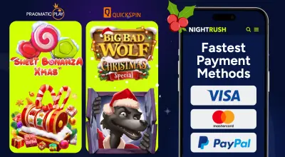 Christmas-themed slots on the right, and the payment methods on a phone on the left.