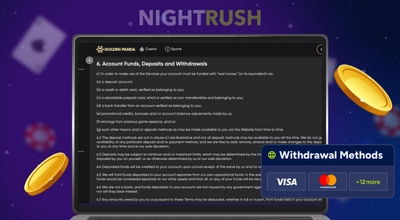 An online casino terms and conditions for deposits and withdrawals shown on a laptop screen.