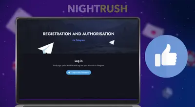 Casino registration/login screen on a laptop with a Telegram signup option and a thumbs up icon.