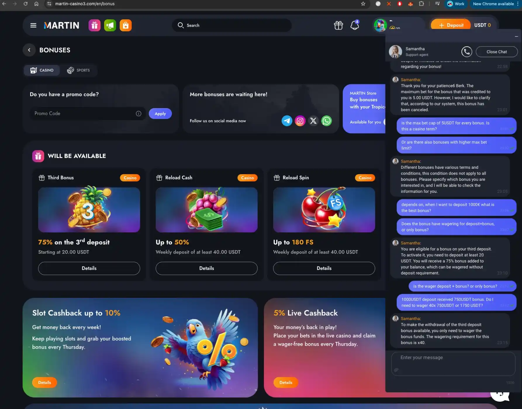 Martin casino live chat screen
