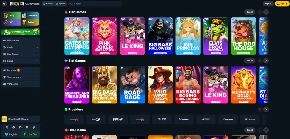 EgoGames Casino homepage with slots games