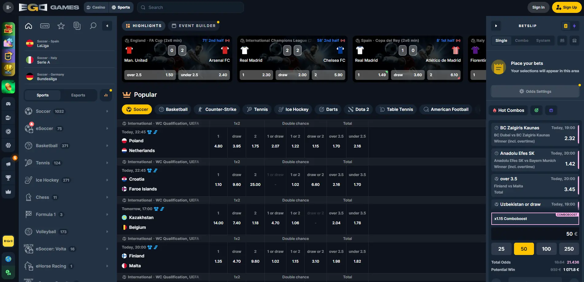 EgoGames sports betting page