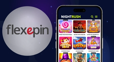 Smartphone displaying a grid of casino game thumbnails next to the Flexepin logo.