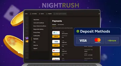 Laptop showing a casino's Payments page with a list of deposit methods and floating coins.