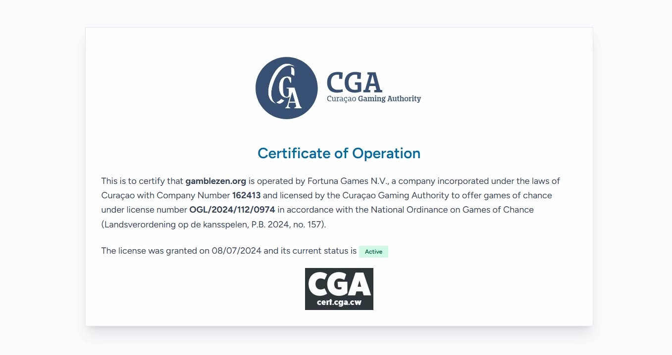 Gamblezen Casino certificate of operation.