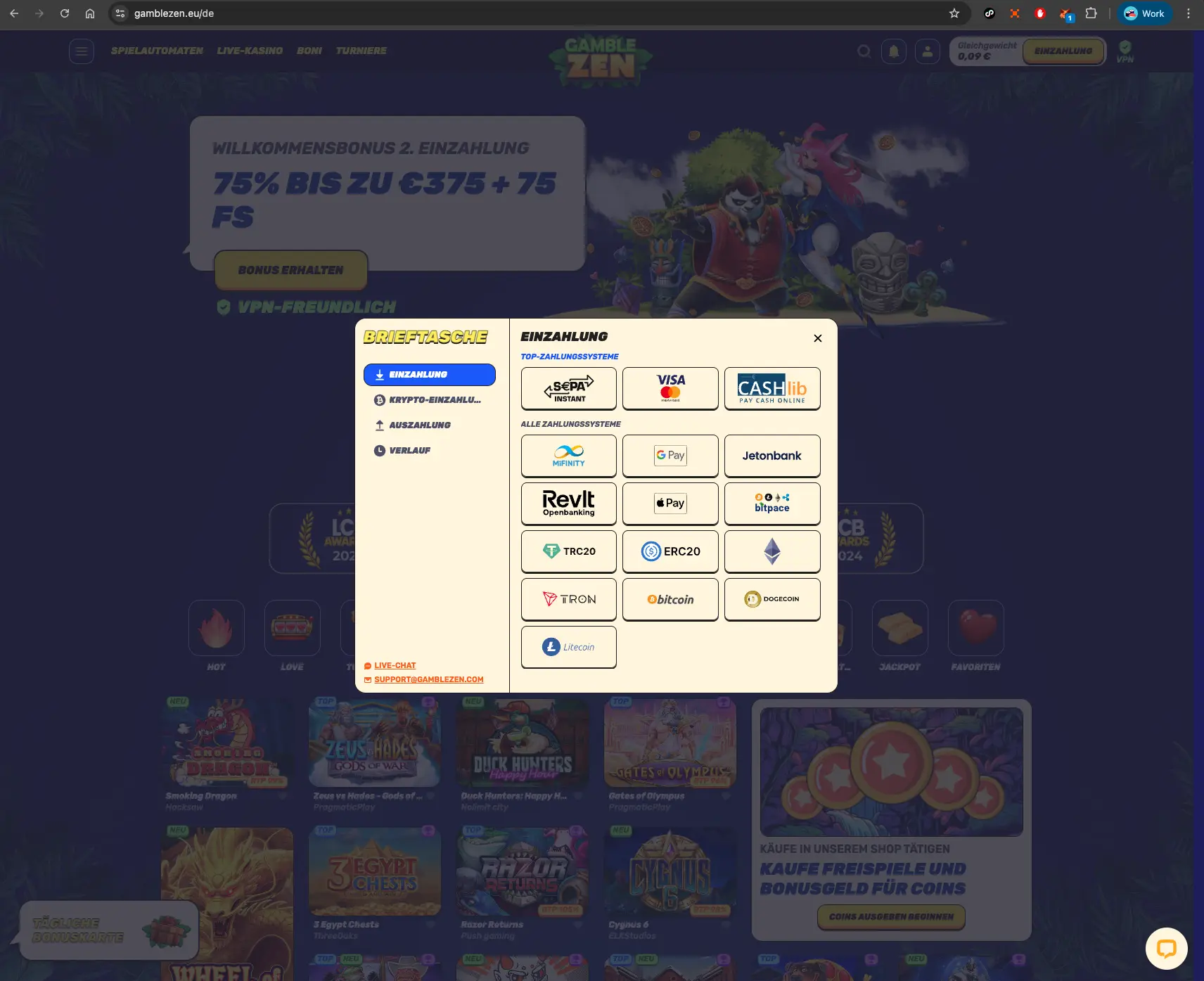 GambleZEN casino deposit methods screen