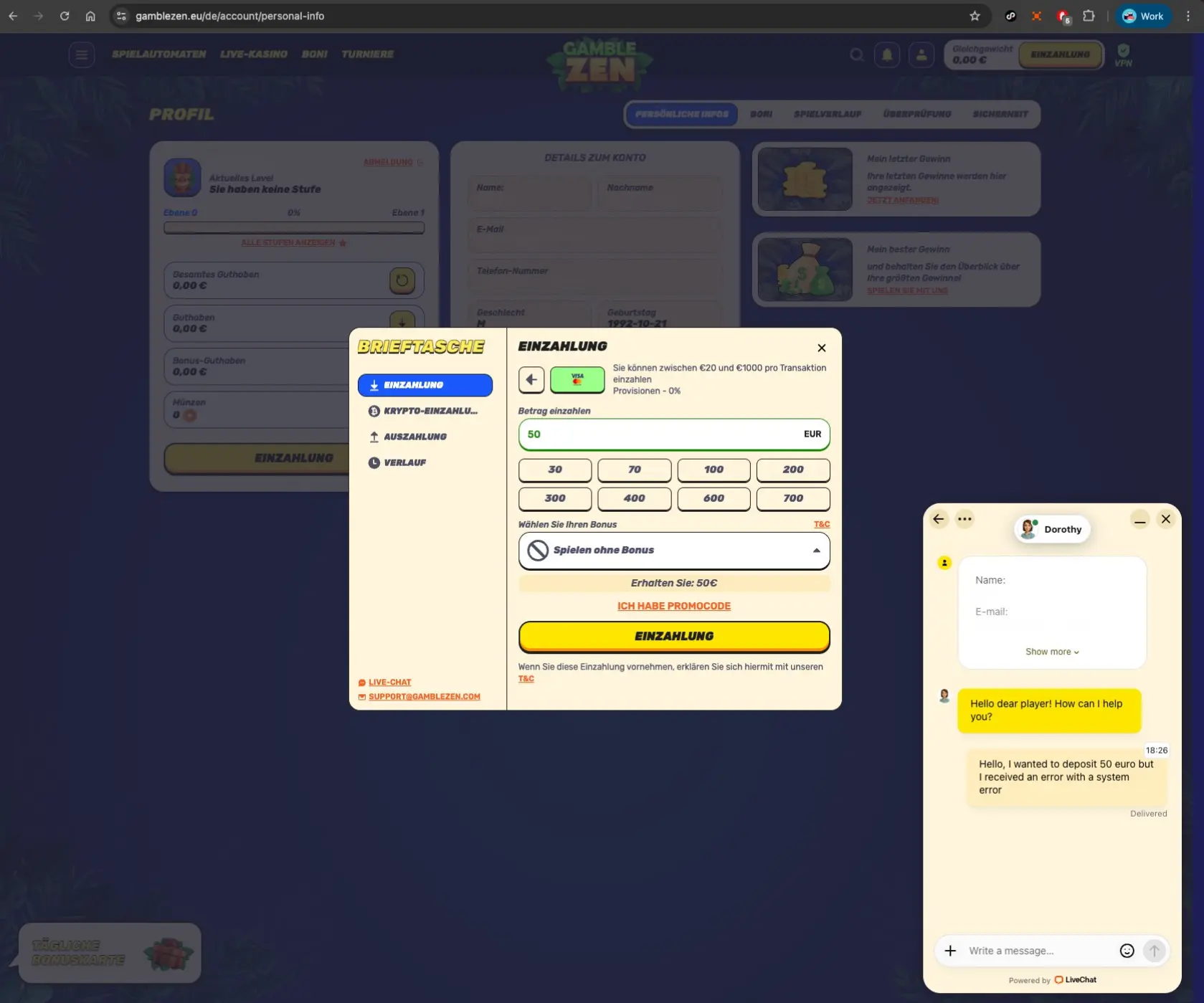 GambleZEN casino deposit page screen