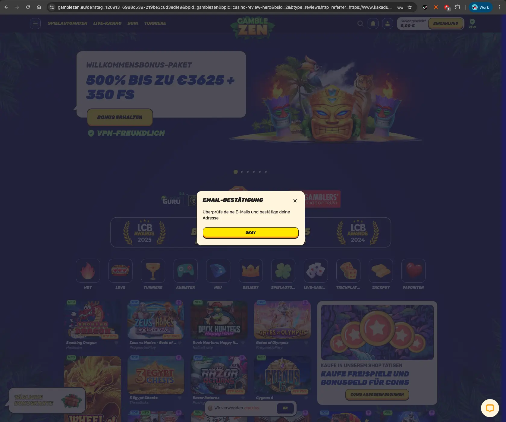 GambleZEN casino email confirmation pop-up