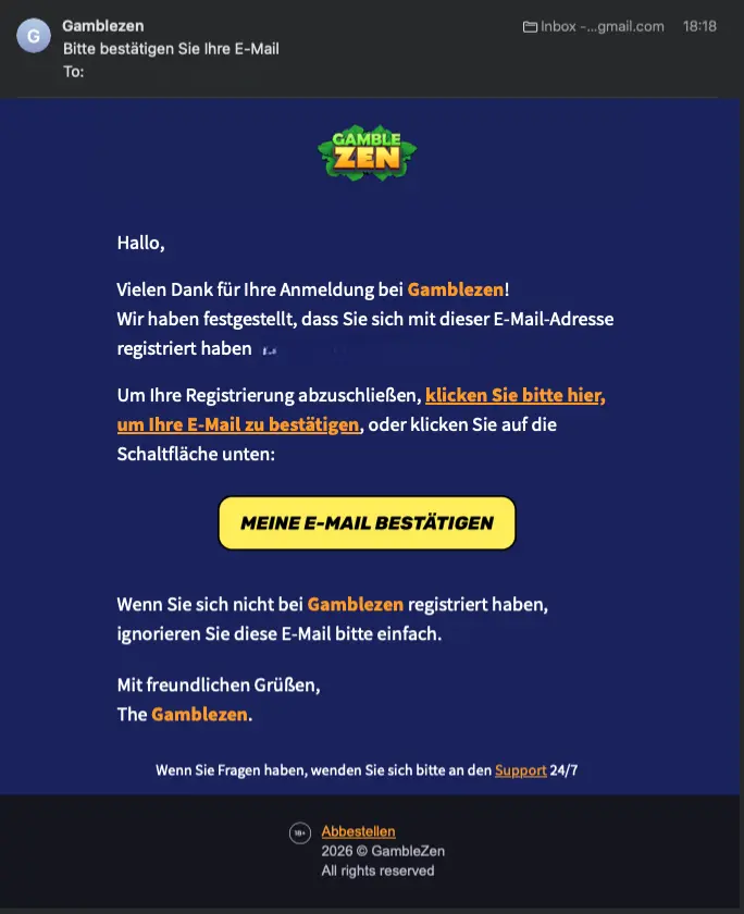 GambleZEN casino email confirmation email screen