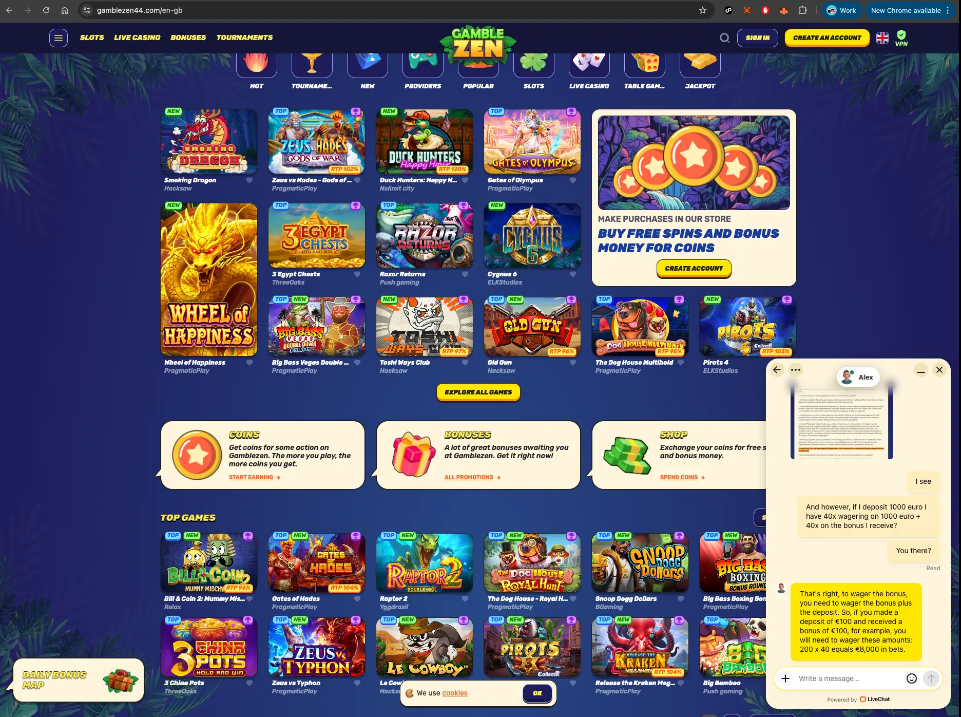 GambleZEN casino homepage with live chat screen