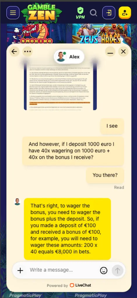 GambleZEN casino mobile live chat screen