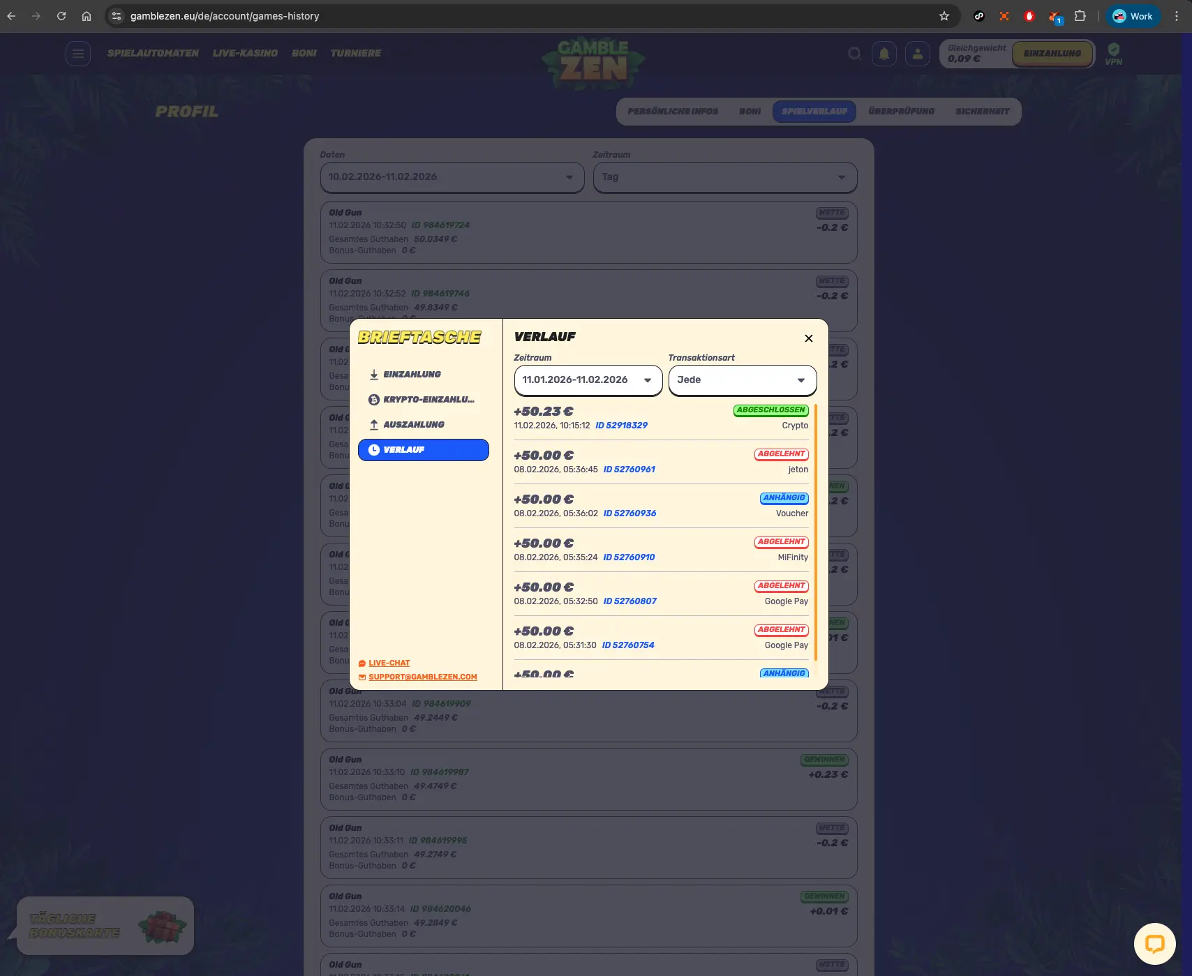 GambleZEN casino payment history screen