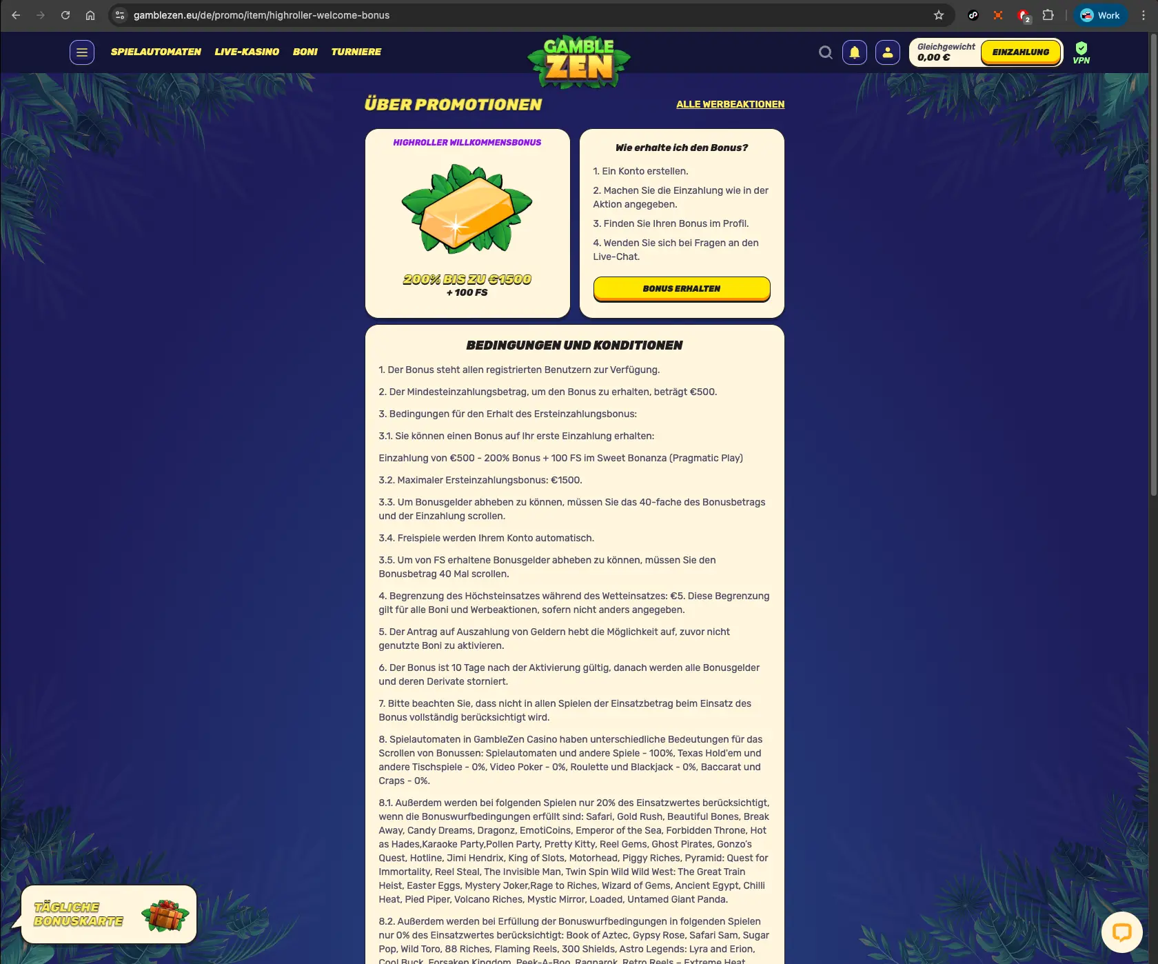 GambleZEN casino bonus detail screen