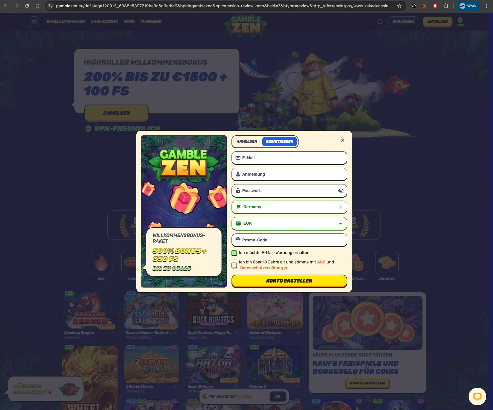 GambleZEN casino register screen