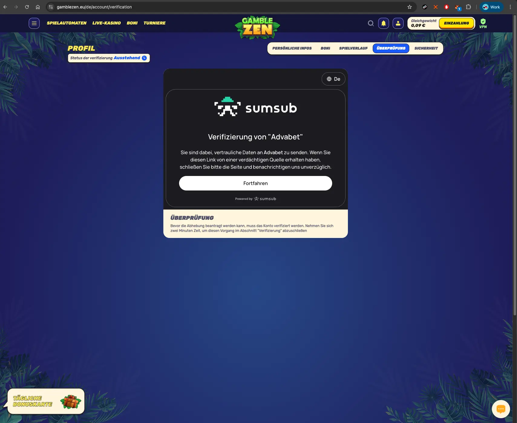 GambleZEN casino verification screen