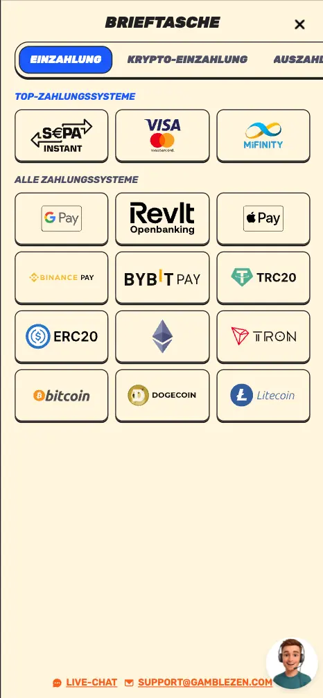 GambleZEN casino deposit methods screen