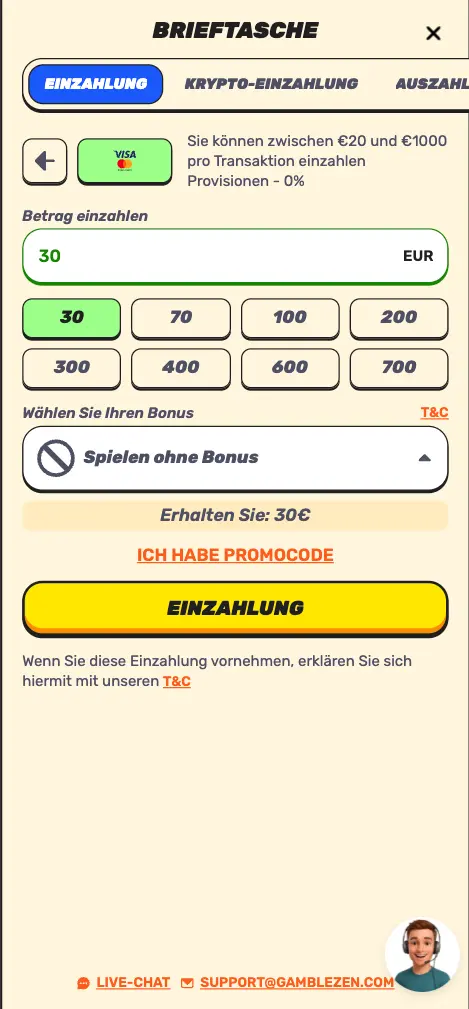 GambleZEN casino mobile deposit page screen