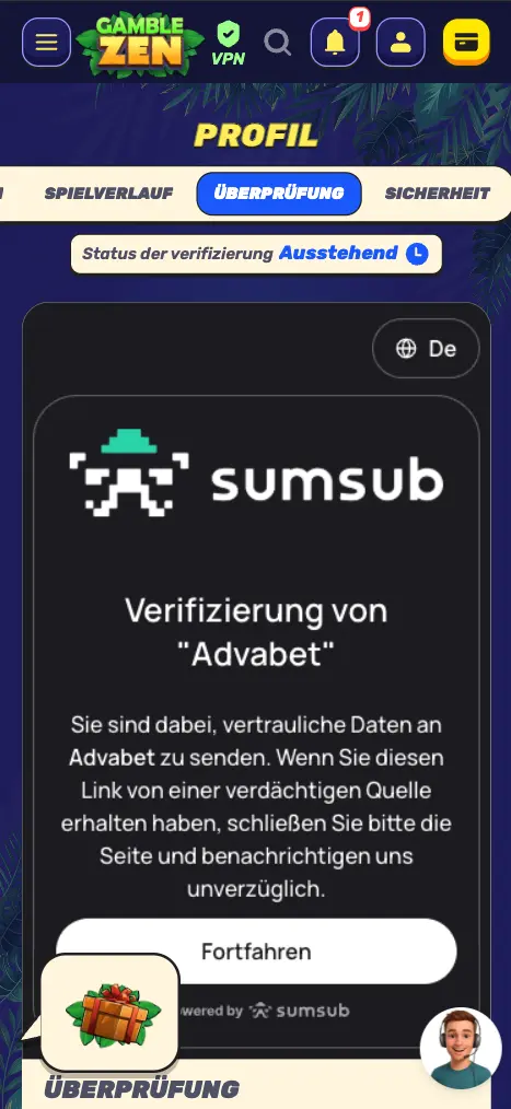 GambleZEN casino mobile verification screen