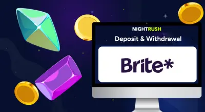 A bunch of casino items with Brite and deposit and withdrawal on a screen on a blue background.