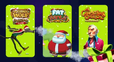 Big Bad Wolf, Fat Santa, and Christmas Carol slots with a gift box against a navy setting.