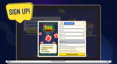 Laptop shows Gamblezen Casino's registration form.