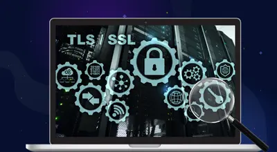 TLS/SSL symbols on a laptop with a magnifying glass against a starry setting.