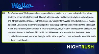 A callout box highlights section 2.8 of Welle Casino’s T&Cs, the Nightrush logo, Welle logo.