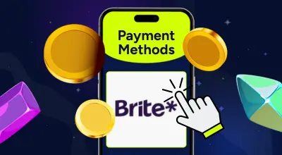 Payment method as Brite on a phone with casino items around on a blue background.
