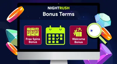 Casino items, a magnifying glass, bonuses and a calendar on a screen against a navy setting.