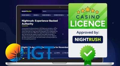 Laptop showing Nightrush website, approved badge, IGT logo.