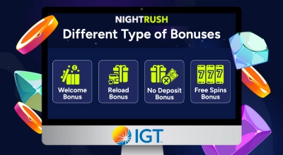 Laptop showing bonuses, IGT logo.