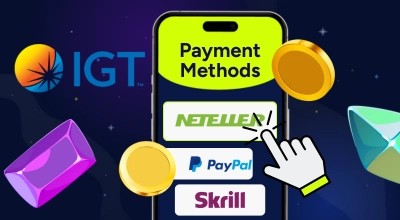 Phone showing payment methods, IGT logo.