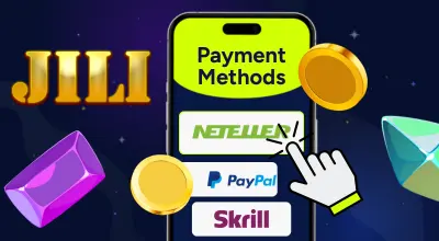 Phone showing payment methods, JILI logo.