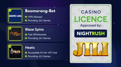 Infographic showing popular casinos, JILI logo.
