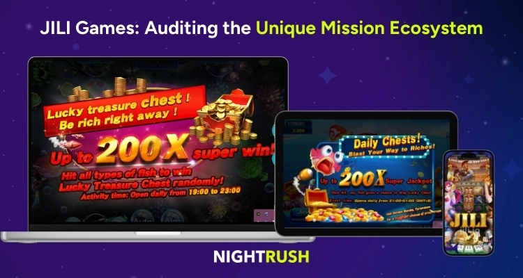 Nightrush team's proof of play screenshots for JILI Games missions and 200x jackpot triggers on mobile and desktop devices.
