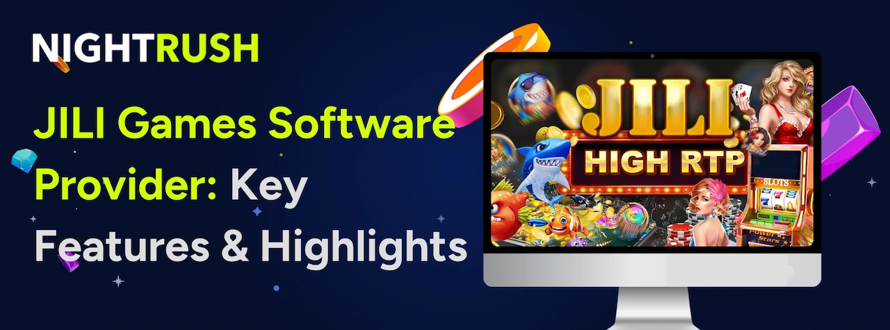 Laptop showing JILI High RTP game characters & text on a blue background.