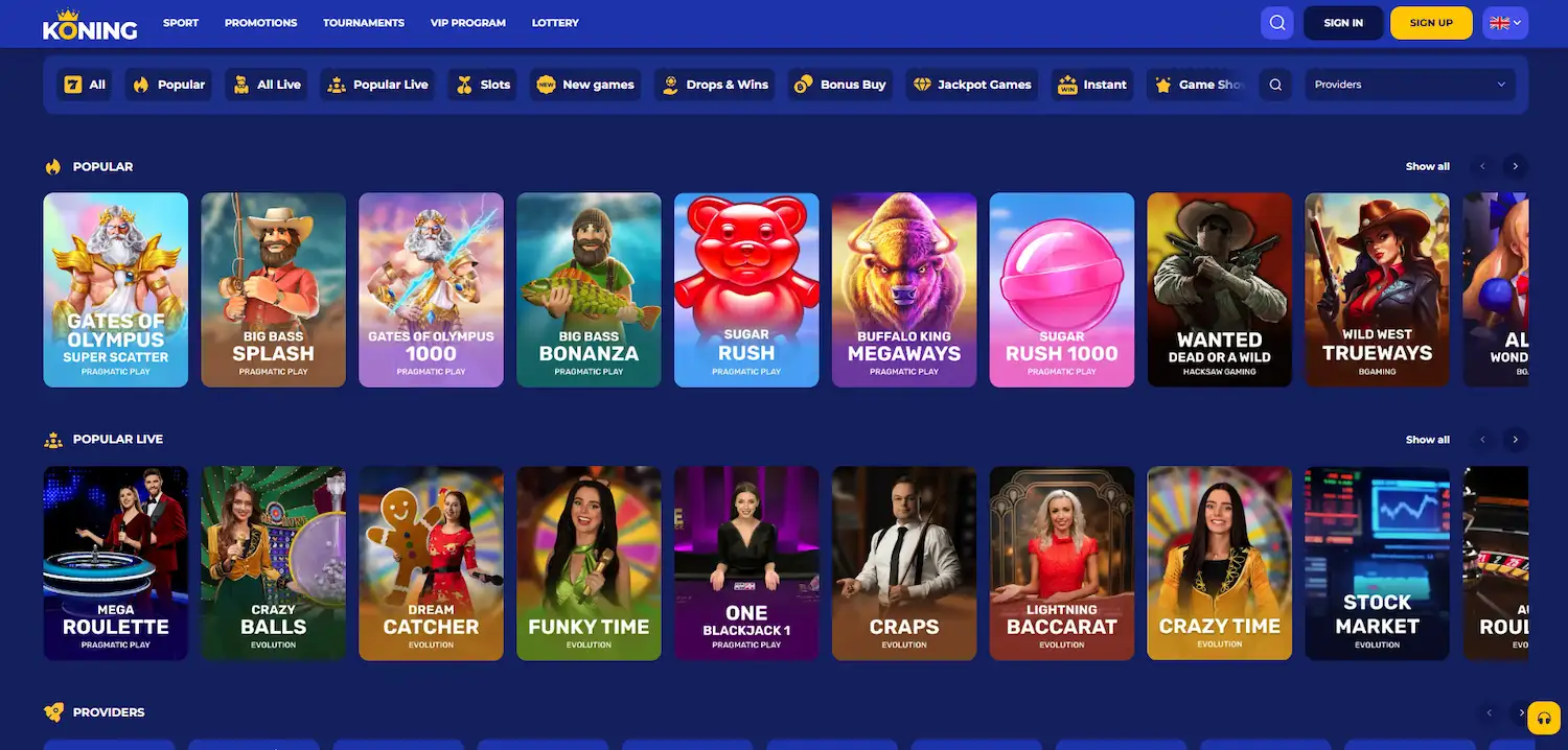 Koning.bet Casino homepage with slot games