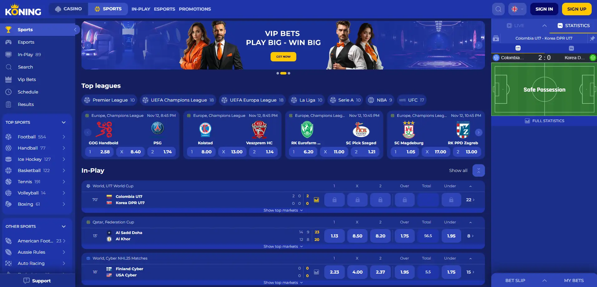 Koning.bet Casino sports betting page