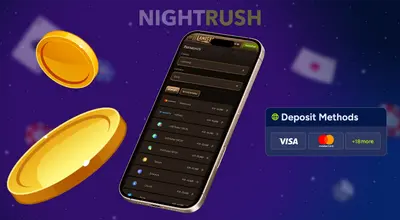 Smartphone displaying a payments page showing deposit methods next to floating gold coins.