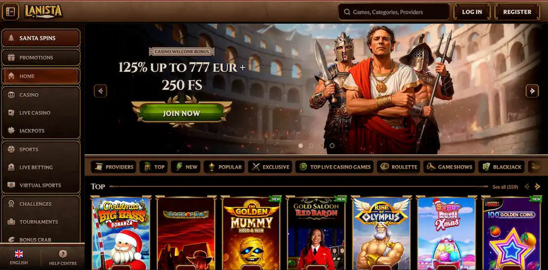 Lanista Casino homepage.