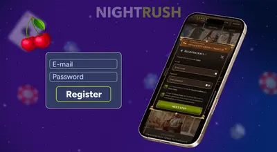 Smartphone showing a Registration 1/2 pop-up next to an E-mail and Password register button.