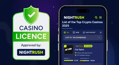 Digital casino licence approved by NIGHTRUSH next to a list of crypto casinos.