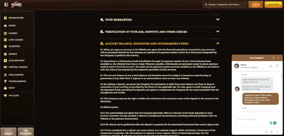 Image showcasing Lizaro Casino customer support service.