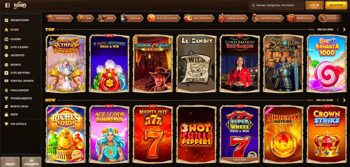 Lizaro Casino homepage with slot games
