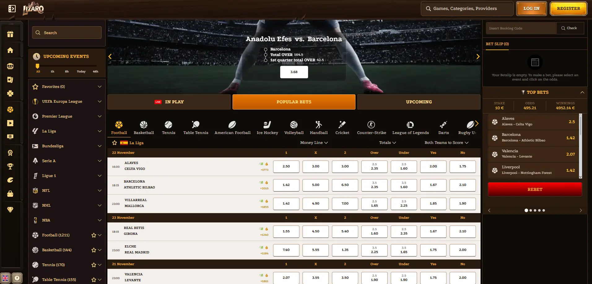 Lizaro Casino sports betting page